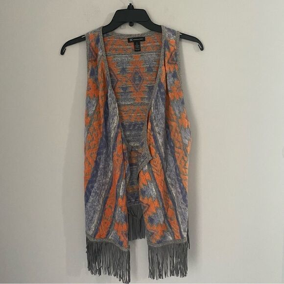 INC International Concepts Sweaters - INC Womens Aztec Print Fringe Open Front Winter Vest Orange M